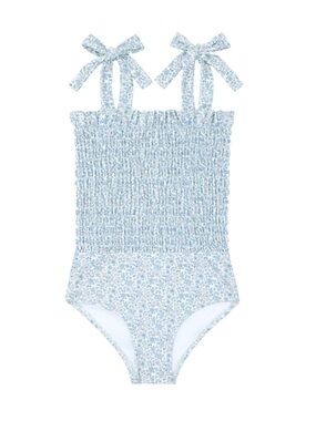 Minnow girls slate floral tie smocked one piece, size 9/10 EUC